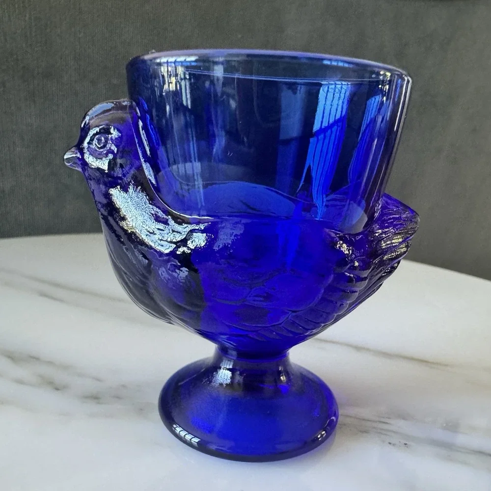 Vintage COBALT BLUE chicken shaped FOOTED EGG CUP ~ Arcaroc France  2.75